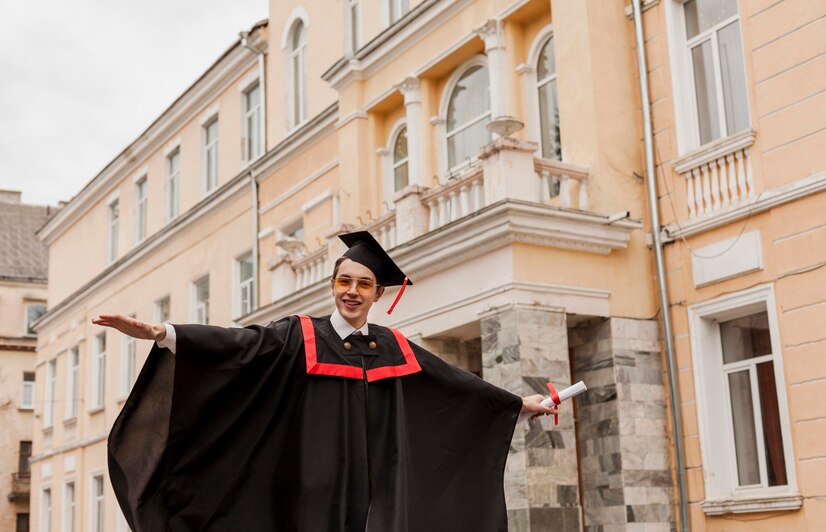 A smiling student posing to camera celebrating on convocation